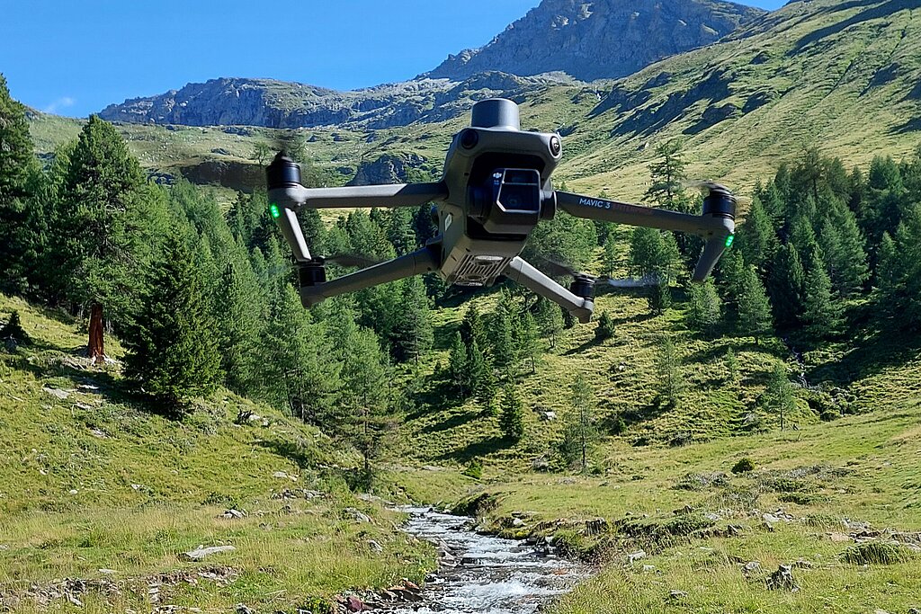 Eine Drohne über einem Wildbach in einer herrlichen Almlandschaft 